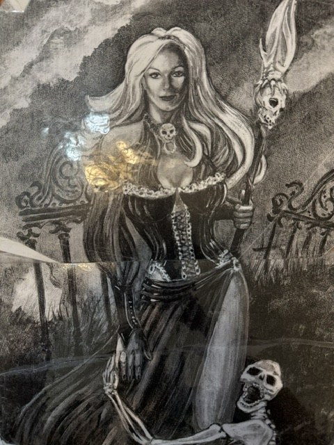 Detailed dark fantasy drawing of a woman and skeleton by Cat Voss